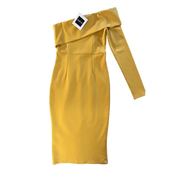 NWT Alieva Rita One Shoulder Dress in Mustard Yellow Woman’s Medium - Picture 4 of 8